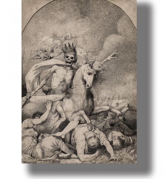Old drawing showing crowned Death riding a pale horse over fallen people in an apocalyptic scene.