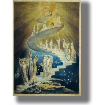 Biblical scene of Jacob asleep beneath a spiral staircase where angels ascend and descend toward a bright heavenly light.