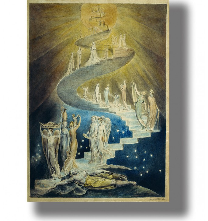 Biblical scene of Jacob asleep beneath a spiral staircase where angels ascend and descend toward a bright heavenly light.