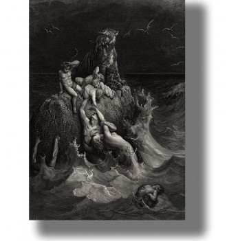 Gustave Doré engraving of people and a tiger clinging to a rock above raging floodwaters with bats flying overhead