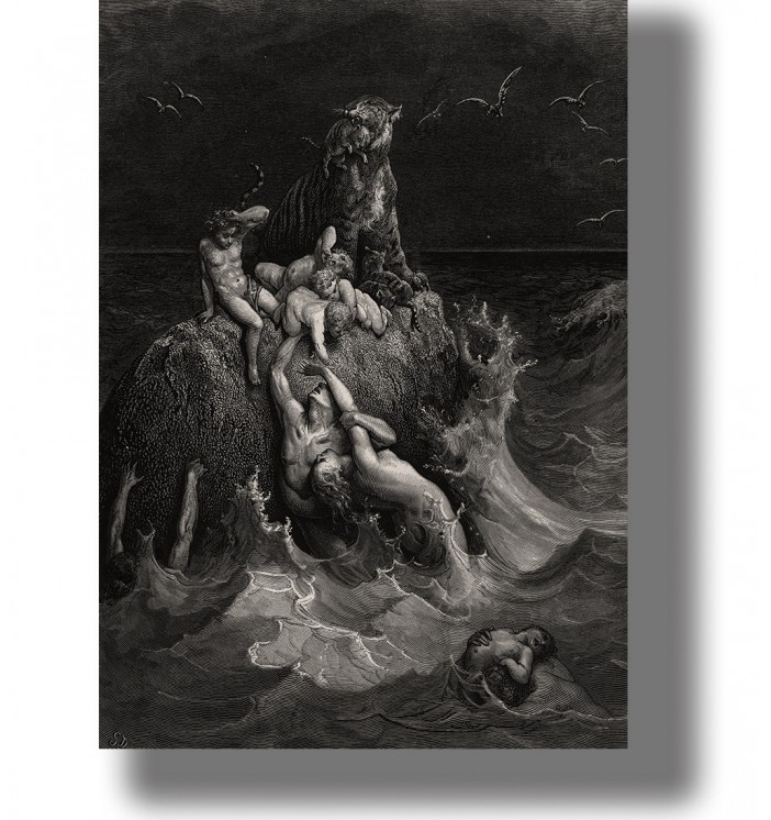 The Deluge. Black and white illustration from the Bible.