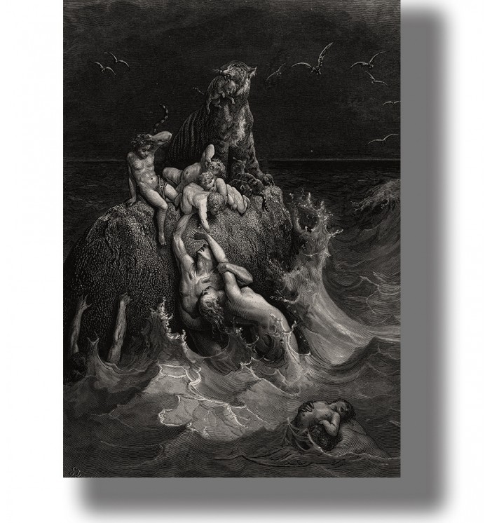 Gustave Doré engraving of people and a tiger clinging to a rock above raging floodwaters with bats flying overhead