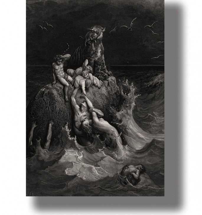 Gustave Doré engraving of people and a tiger clinging to a rock above raging floodwaters with bats flying overhead