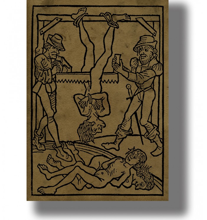 Medieval woodcut-style illustration of an execution by sawing, black line art on aged paper