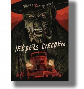 Illustration with the reeper looming over a red truck with headlights on against a dark red and black background