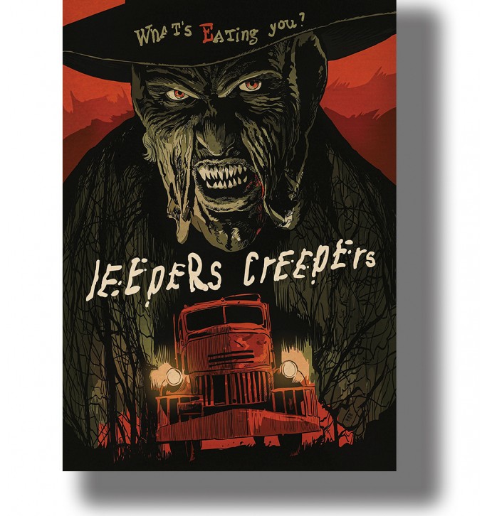 Illustration with the reeper looming over a red truck with headlights on against a dark red and black background