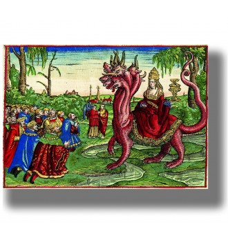 Medieval illustration showing the Whore of Babylon riding a seven-headed beast while earthly kings kneel before her.