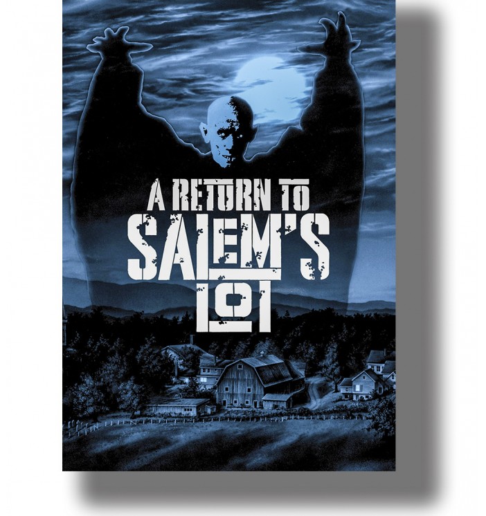 Dark blue movie poster with a pale vampire figure rising above a small rural town beneath a glowing full moon.