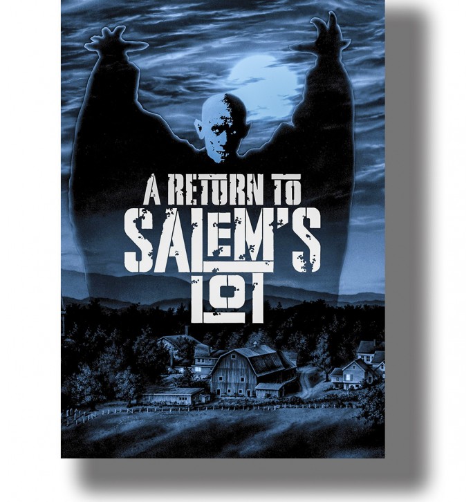 Dark blue movie poster with a pale vampire figure rising above a small rural town beneath a glowing full moon.