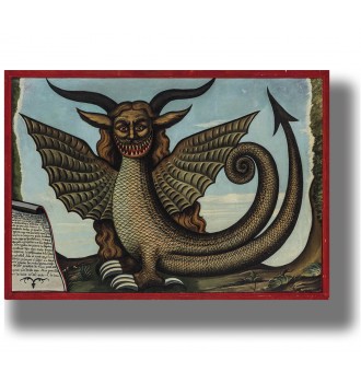 Illustration of a medieval lake monster from an ancient bestiary manuscript with wings, horns, and serpent tail