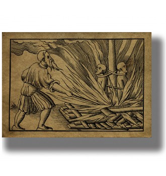 Medieval-style illustration of heretics being burned at the stake in a dark historical scene.