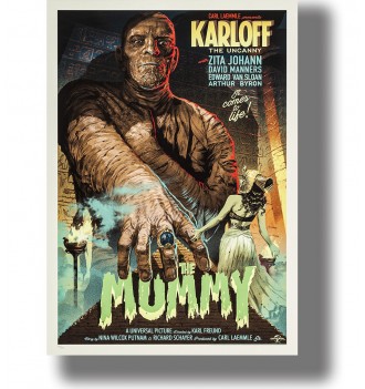 Vintage poster for The Mummy with Boris Karloff as a wrapped mummy and a woman in an Egyptian costume.