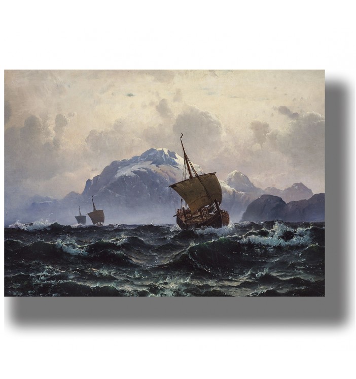 Sailing ships on dark stormy waves with snowy mountains in the background, vintage seascape print.
