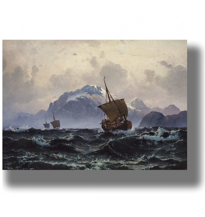 Sailing ships on dark stormy waves with snowy mountains in the background, vintage seascape print.