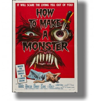Red vintage movie poster with a snarling monster face, large fangs, a dagger through one eye, and a frightened woman below.