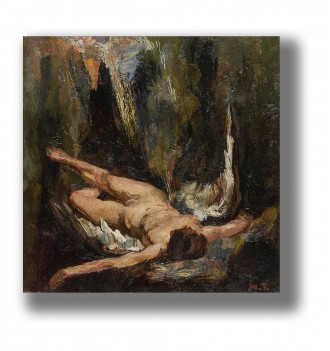 Dark painting of a nude fallen angel lying among rocks with wings spread behind him.