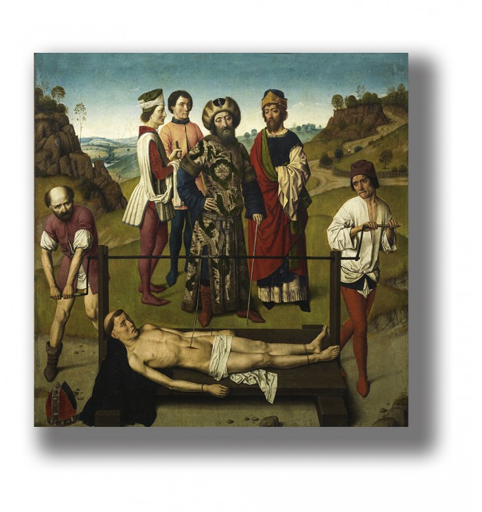 Medieval painting of Saint Erasmus martyrdom with a winch torture scene, surrounded by figures in a calm landscape.