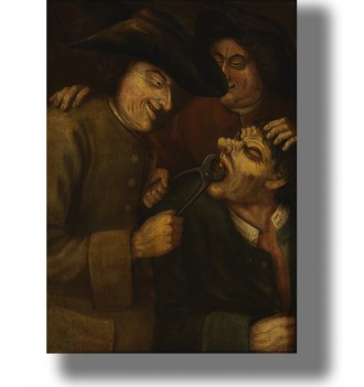 Vintage painting of a tooth being pulled by a blacksmith while two men hold the patient, in a dark baroque-style scene.