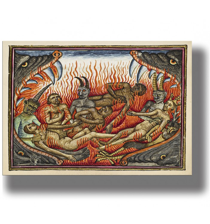Medieval illustration of the Mouth of Hell with demons and burning sinners in a fiery inferno scene.