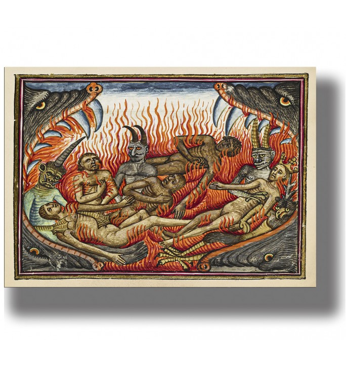 Medieval illustration of the Mouth of Hell with demons and burning sinners in a fiery inferno scene.