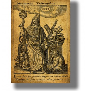 Old engraving of Hermes Mercurius Trismegistus in long robes holding a celestial sphere beside symbolic figures and weapons.