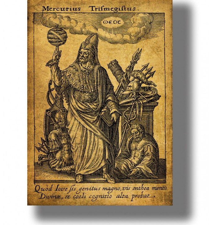 Old engraving of Hermes Mercurius Trismegistus in long robes holding a celestial sphere beside symbolic figures and weapons.
