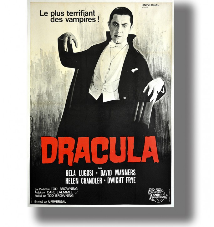 Vintage poster of Dracula with Bela Lugosi in a dark cape and raised hands.
