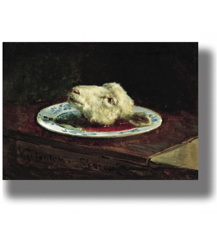 Still-life painting of a severed lamb head served on a plate in a dark, moody interior.