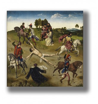 Medieval religious painting of Saint Hippolytus tied to horses, with riders around him in a green landscape.
