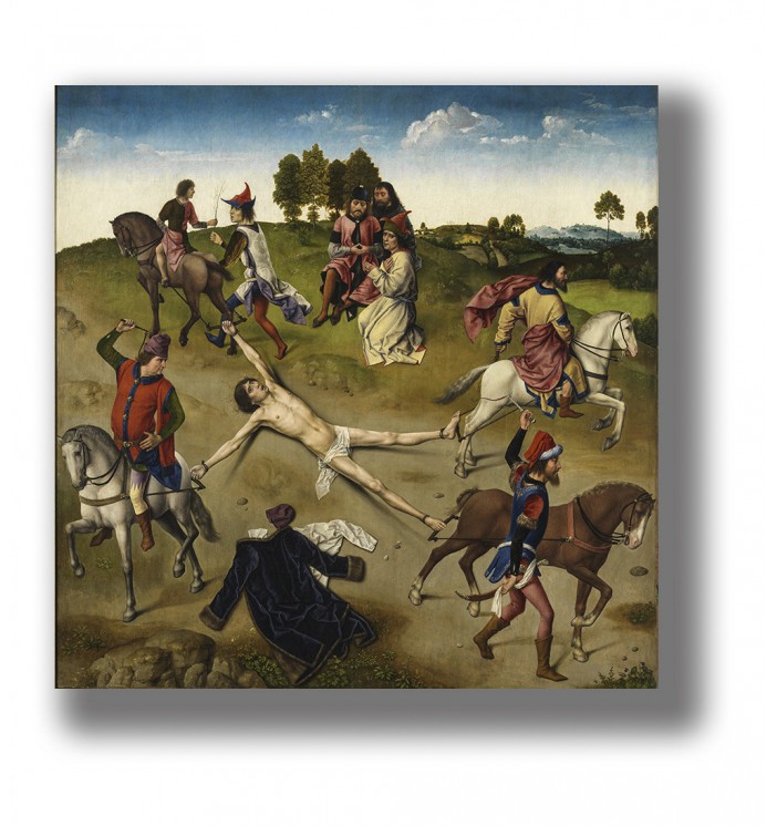 Medieval religious painting of Saint Hippolytus tied to horses, with riders around him in a green landscape.