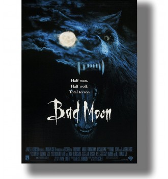 Large snarling werewolf with sharp fangs beside a glowing full moon on a dark vintage movie poster.