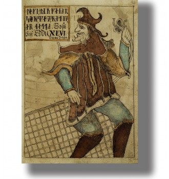 Vintage illustration of Loki with a net in a medieval Norse manuscript style.