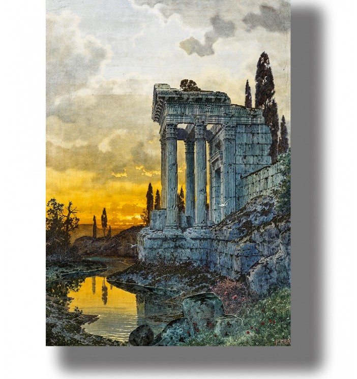 Ancient stone temple ruins near a river at sunset with warm golden light