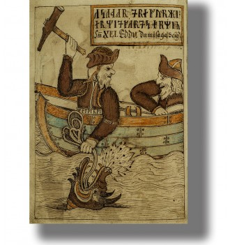 Old Norse style image of Thor in a boat striking at Jörmungandr, the Midgard serpent. Viking mythology print for wall decor.