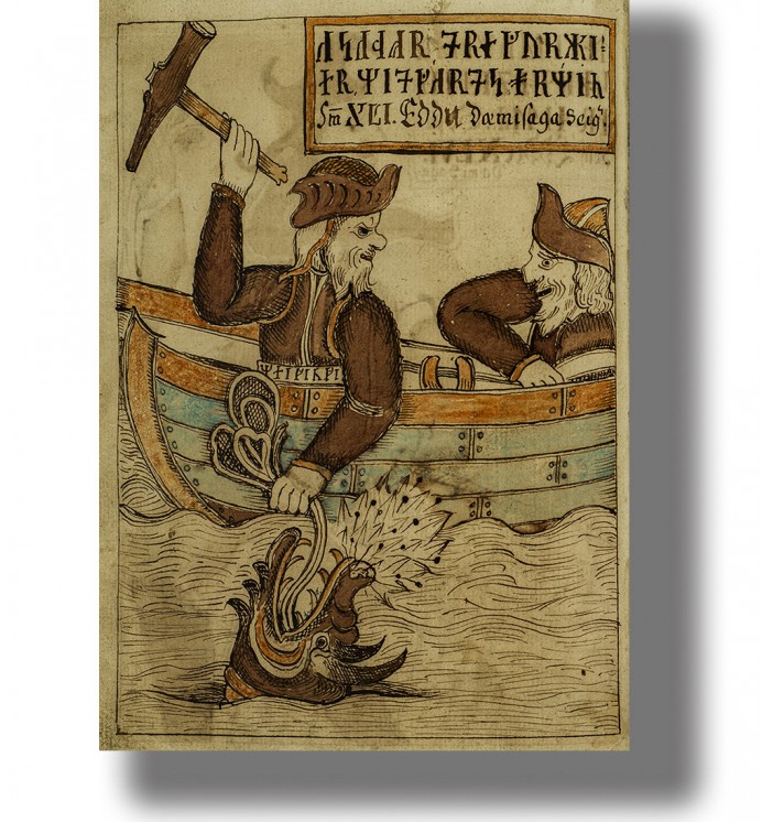 Old Norse style image of Thor in a boat striking at Jörmungandr, the Midgard serpent. Viking mythology print for wall decor.