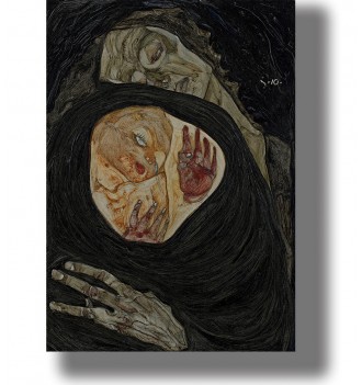 Dead mother embracing a child inside a dark cocoon-like form, with pale faces and hands emerging from black brushstrokes.