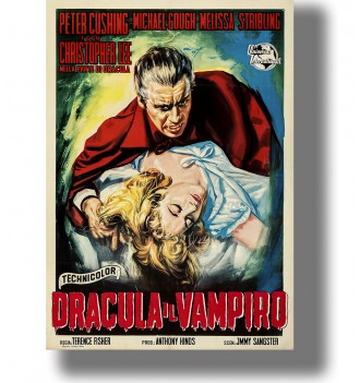 Vintage Dracula poster with Christopher Lee leaning over a woman in a dramatic vampire scene.