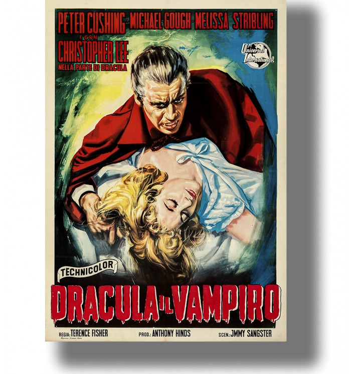 Vintage Dracula poster with Christopher Lee leaning over a woman in a dramatic vampire scene.