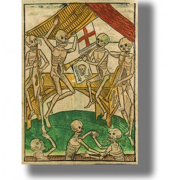 Medieval danse macabre illustration with skeleton musicians dancing and playing instruments in a hand-colored woodcut style.