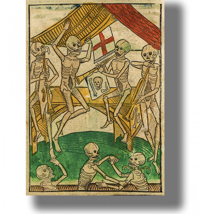 Medieval danse macabre illustration with skeleton musicians dancing and playing instruments in a hand-colored woodcut style.
