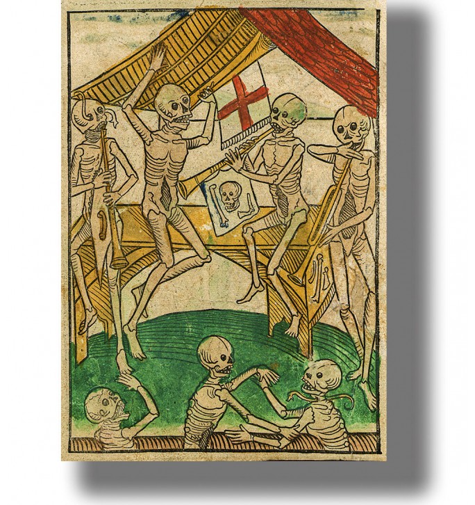 Medieval danse macabre illustration with skeleton musicians dancing and playing instruments in a hand-colored woodcut style.