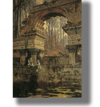 Old stone ruins in a forest with an arched structure, statues, and a small pond surrounded by autumn trees.