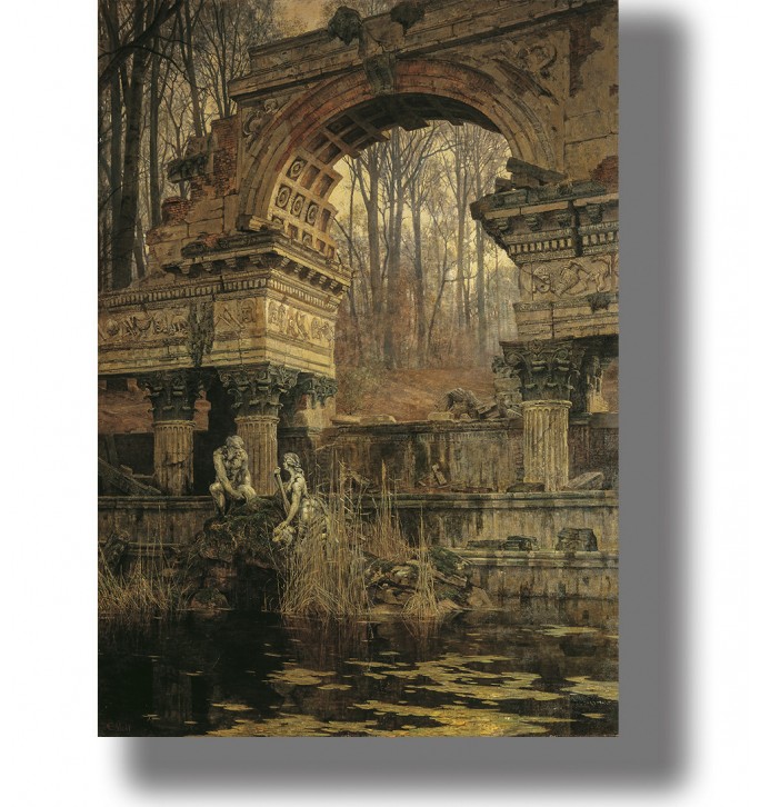 Old stone ruins in a forest with an arched structure, statues, and a small pond surrounded by autumn trees.