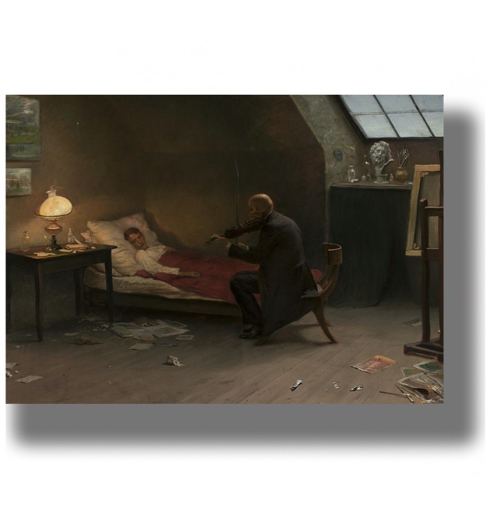 Painting of a skeletal Death playing violin beside a dying artist lying in bed.