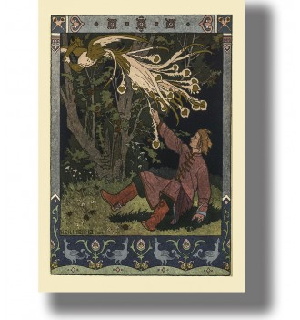 Ivan Tsarevich reaching for the Firebird in a forest, illustration by Ivan Bilibin.