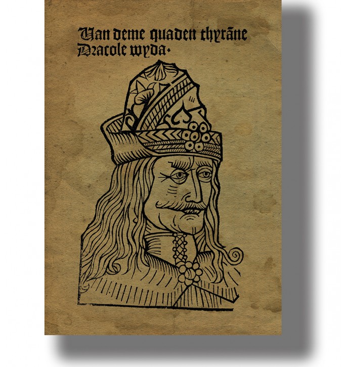 Medieval-style portrait of Vlad Tepes the Impaler in an antique woodcut illustration.