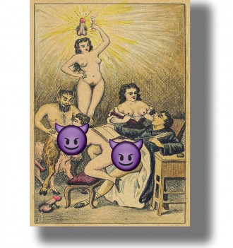 Provocative occult illustration with naked women, a devil figure, and goats in an unholy orgy scene.