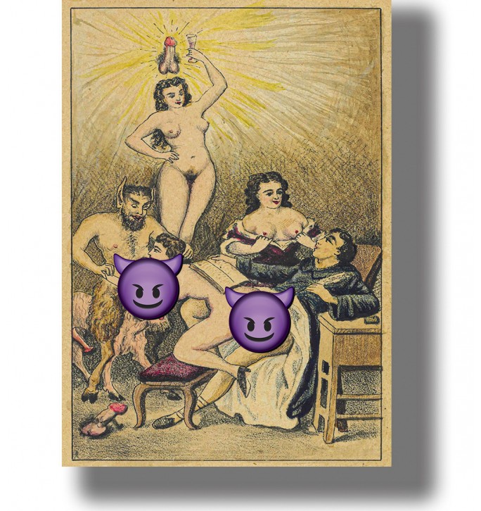 Provocative occult illustration with naked women, a devil figure, and goats in an unholy orgy scene.