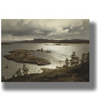 Scandinavian fjord landscape with small islands, calm water, sailboats and cloudy northern sky.