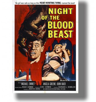 Vintage movie poster with a monstrous claw holding a severed head beside a frightened woman against a red background.